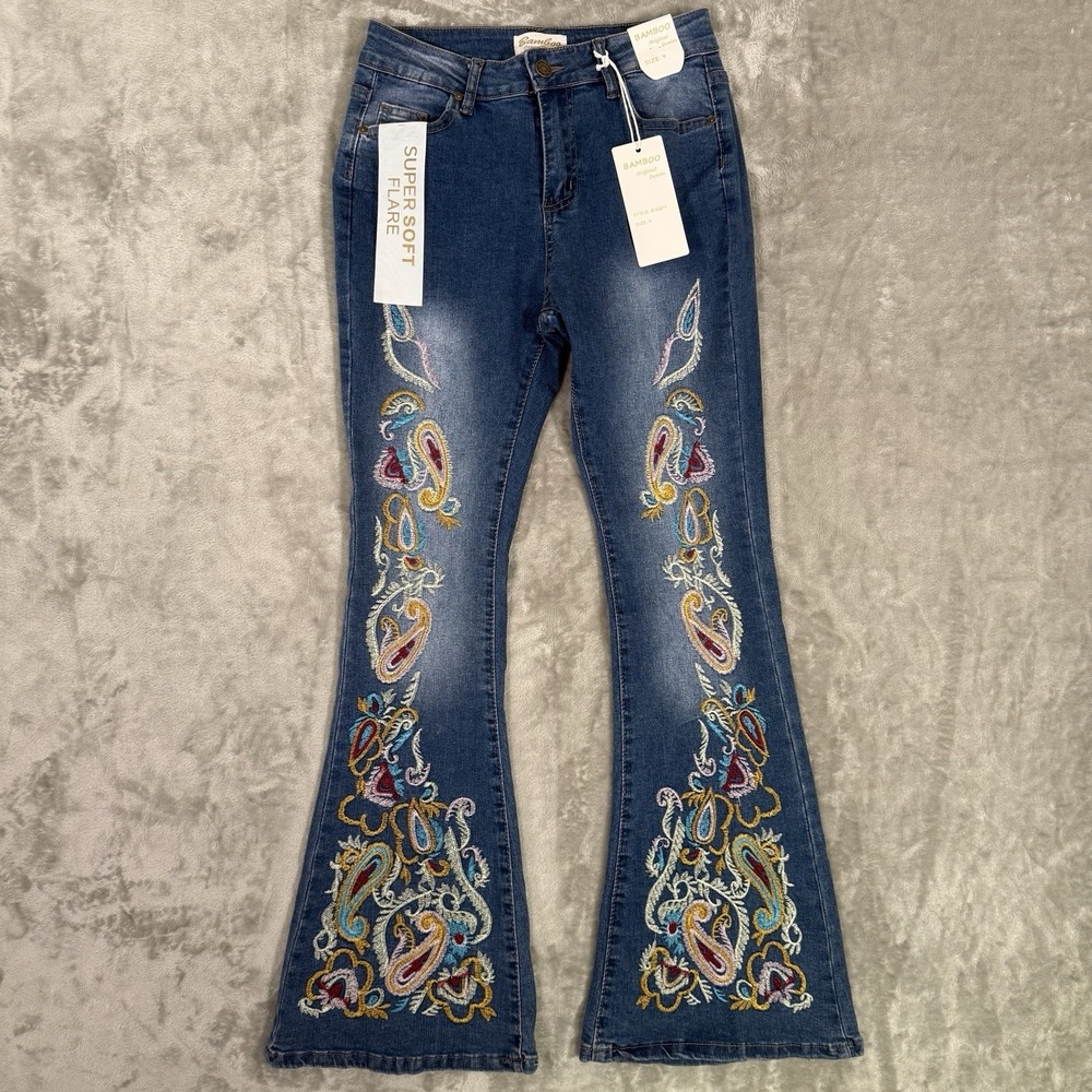 Bamboo Embroidered Bell Bottoms Wide Flare Jeans Sz 9 Blue Soft Denim NWT